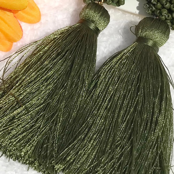 New! Large Olive Boho Earrings Fluffy Post Tassels - Picture 3 of 4